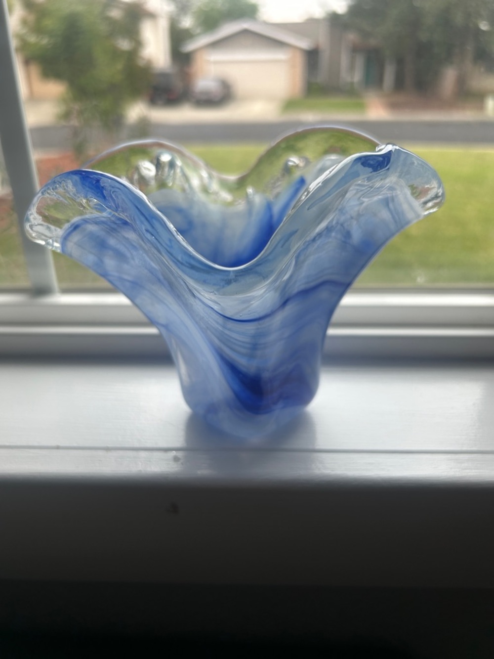 Handblown Blue Swirl Glass Vase - Decorative Home Art